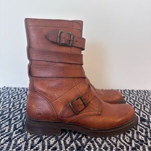 Frye Veronica Tanker Cognac Brown Distressed Leather Moto Boots